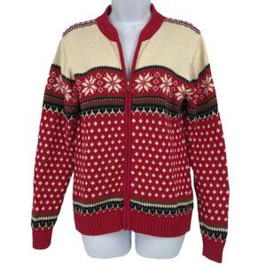Unisex Lands End Red Fair Isle Nordic Cardigan Women's Sz M, Youth XL, Mens S